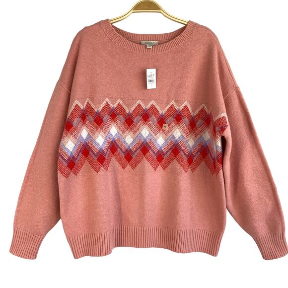 LOFT Sweaters - LOFT Sweater Women XL Blush Pink Multicolor Chevron Crew Neck Cotton Blend NEW